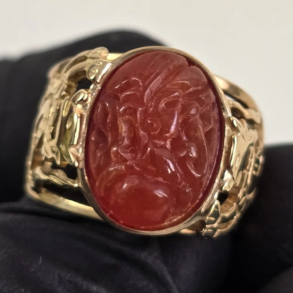 Heavy Rare / 14K Gold Carnelian Carved Chinese Dragon Ring
